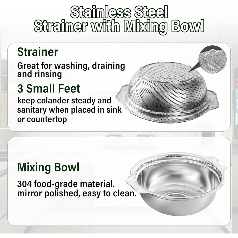 Stainless Steel Colander 2.5Qt Rice Washer And Mixing Bowl
