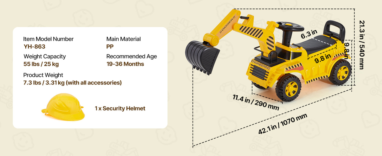 SucceBuy Excavator Digger Ride On Toy For Kids With Helmet And Music