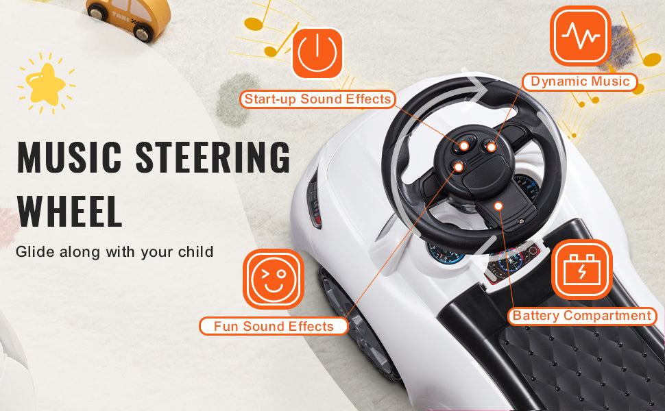SucceBuy White Pink Ride On Push Car Classic Kids Sports Toy Car with Music Steering Wheel for Toddlers