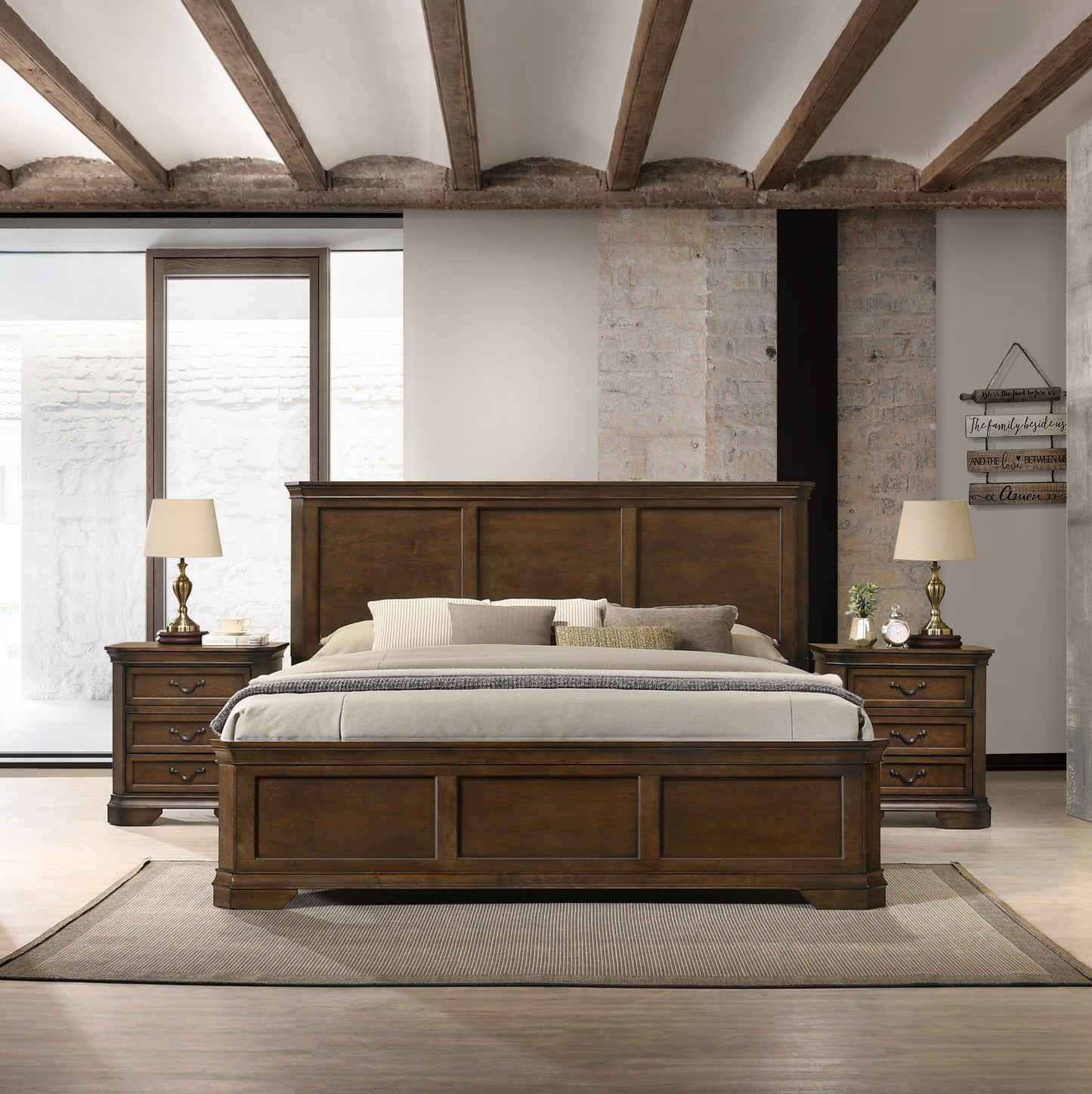 Three Piece Wood Bedroom Set With Queen Panel Bed And Two Nightstands