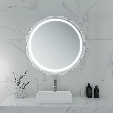 Round LED Bathroom Mirror Beveled Edge Mount Anti Fog Silver