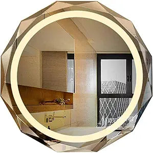 Round LED Bathroom Mirror Beveled Edge Mount Anti Fog Silver