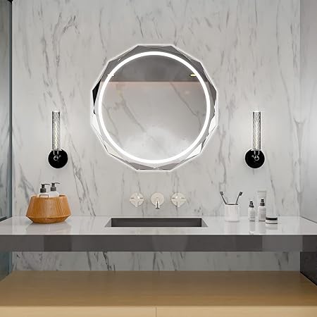 Round LED Bathroom Mirror Beveled Edge Mount Anti Fog Silver