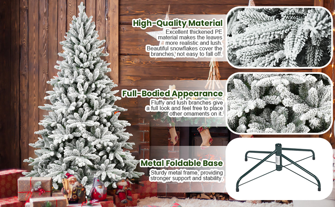 7Ft Snowy Flocked Christmas Tree 1514 Tips PE PVC Hinged