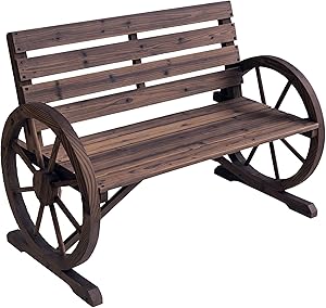 41 Inch Wooden Wagon Wheel Bench Rustic Outdoor Patio Weather Resistant 2 Person Slatted Seat With Backrest Carbonized Finish