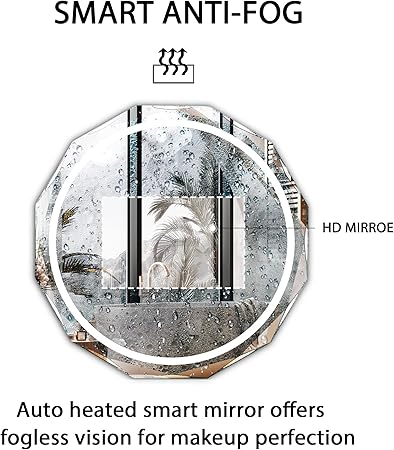 Round LED Bathroom Mirror Beveled Edge Mount Anti Fog Silver