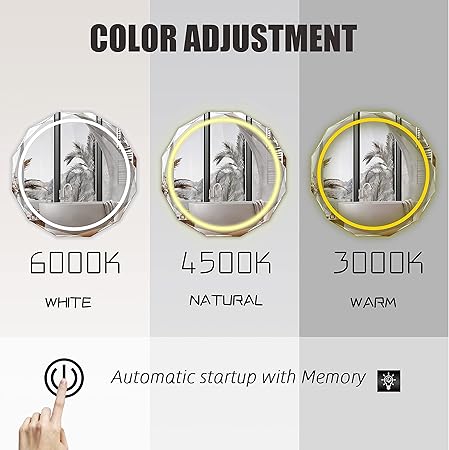 Round LED Bathroom Mirror Beveled Edge Mount Anti Fog Silver