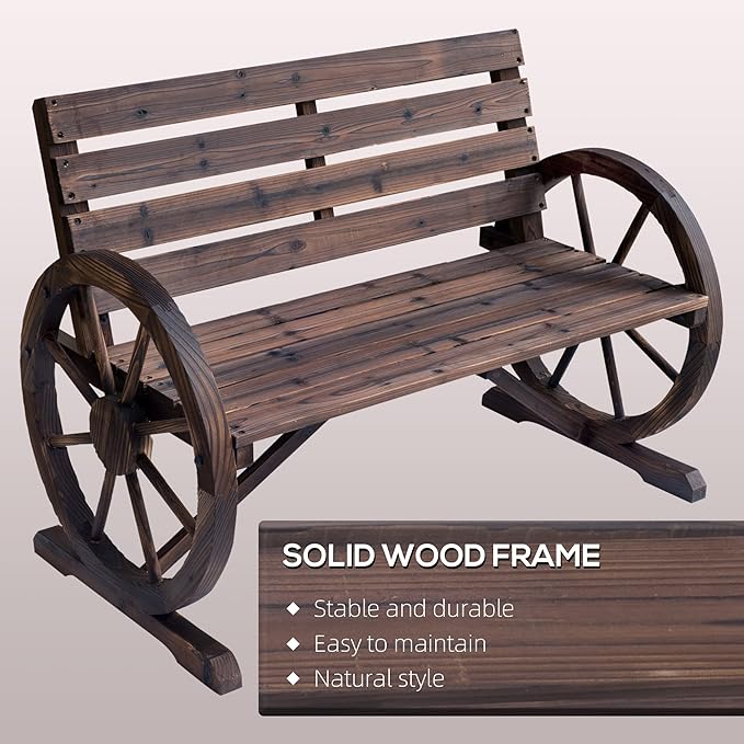 41 Inch Wooden Wagon Wheel Bench Rustic Outdoor Patio Weather Resistant 2 Person Slatted Seat With Backrest Carbonized Finish