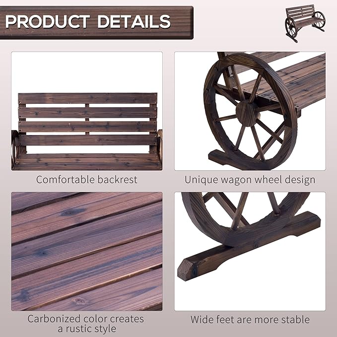 41 Inch Wooden Wagon Wheel Bench Rustic Outdoor Patio Weather Resistant 2 Person Slatted Seat With Backrest Carbonized Finish