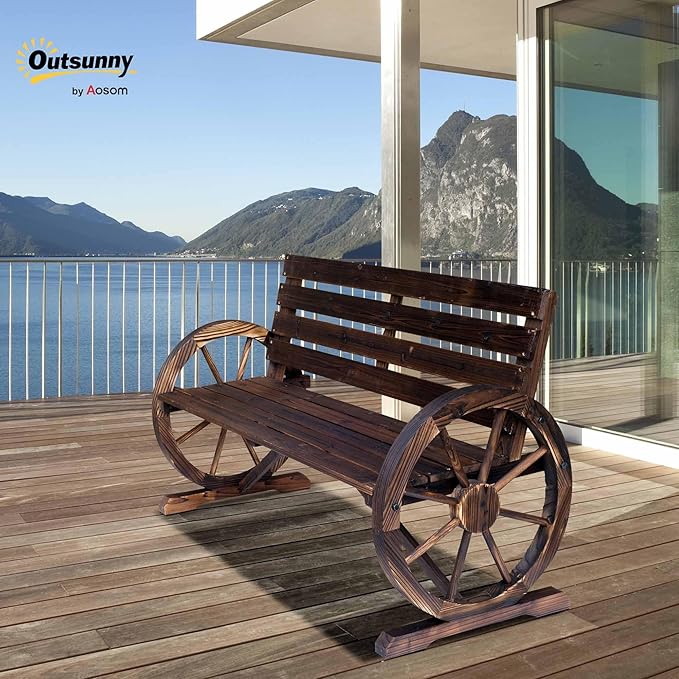 41 Inch Wooden Wagon Wheel Bench Rustic Outdoor Patio Weather Resistant 2 Person Slatted Seat With Backrest Carbonized Finish