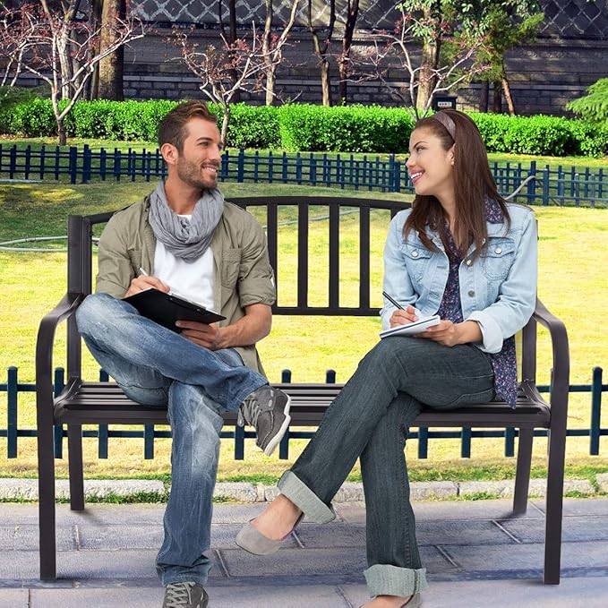 50 Inch Outdoor Steel Garden Bench With High Back And Rustproof Armrests Patio Park Bench For Lawn Yard Porch Deck Poolside