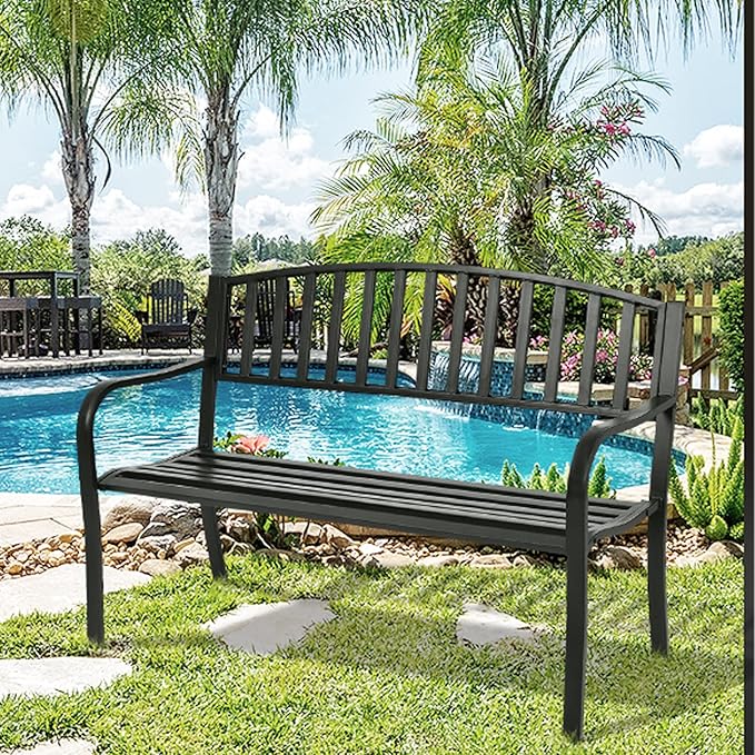 50 Inch Outdoor Steel Garden Bench With High Back And Rustproof Armrests Patio Park Bench For Lawn Yard Porch Deck Poolside