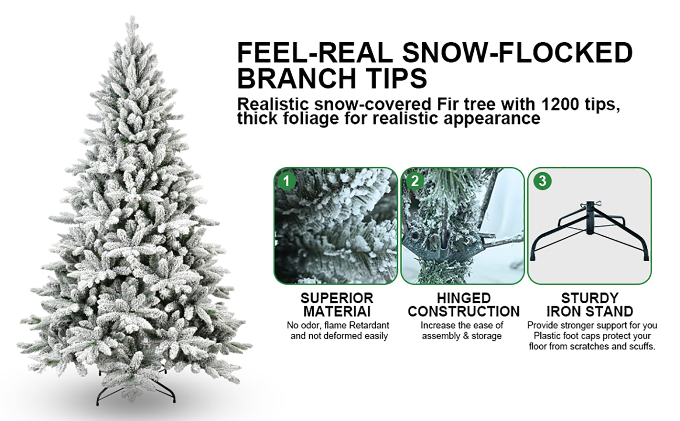 7Ft Snowy Flocked Christmas Tree 1514 Tips PE PVC Hinged