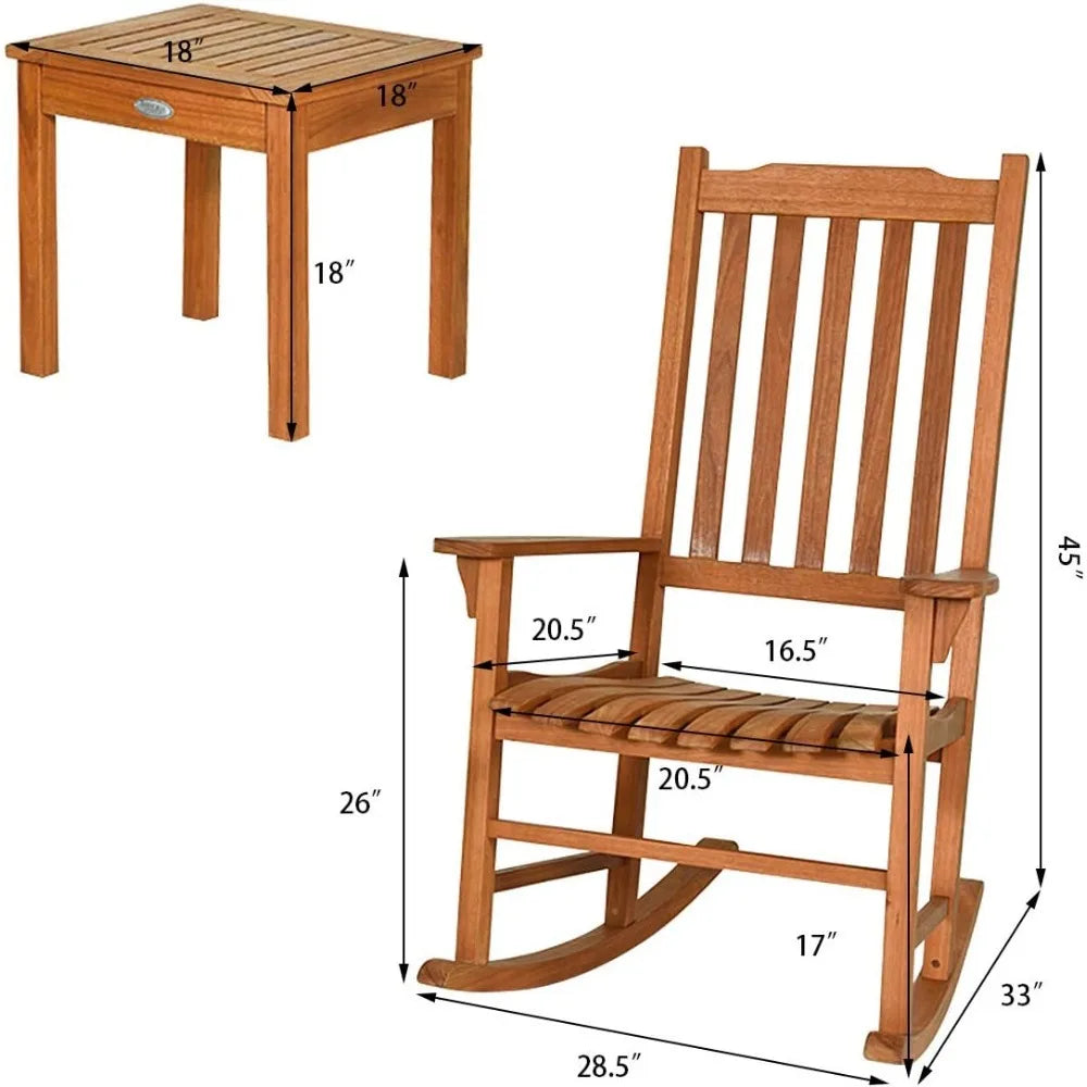 3 Piece Patio Rocking Chair Set Eucalyptus Wood With 2 Rockers Coffee Table