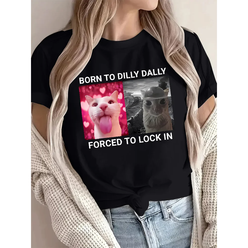 Funny Cat Graphic Tee For Women Short Sleeve Meme Cotton Pullover T Shirt