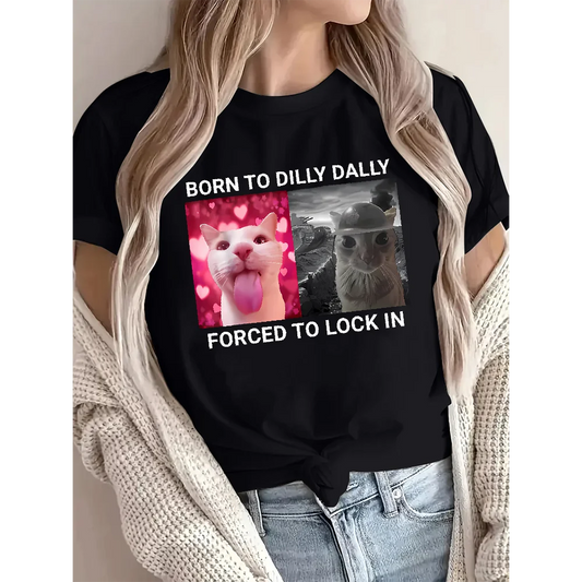 Funny Cat Graphic Tee For Women Short Sleeve Meme Cotton Pullover T Shirt