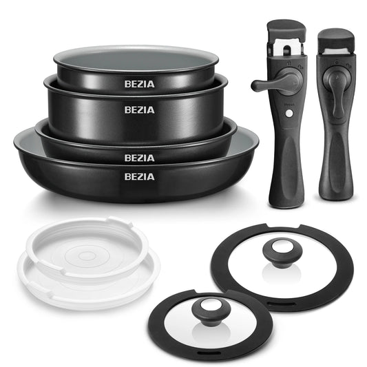 Induction Cookware Set with Healthy Ceramic Coating Nonstick 10 Pieces Camping Pots and Pans with Detachable Handles