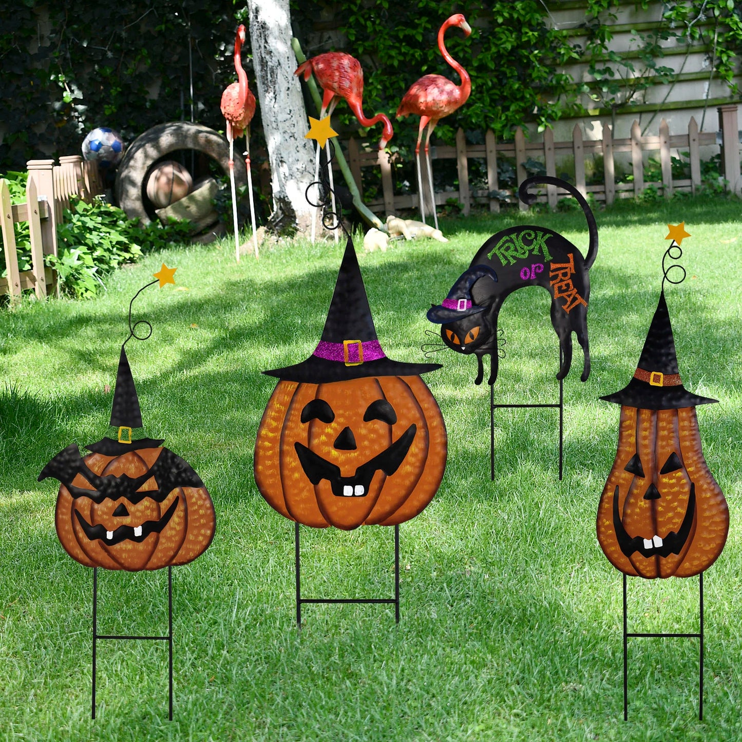 4Pc Halloween Stakes Jack O Lantern Witch Hat Cat Yard Sign