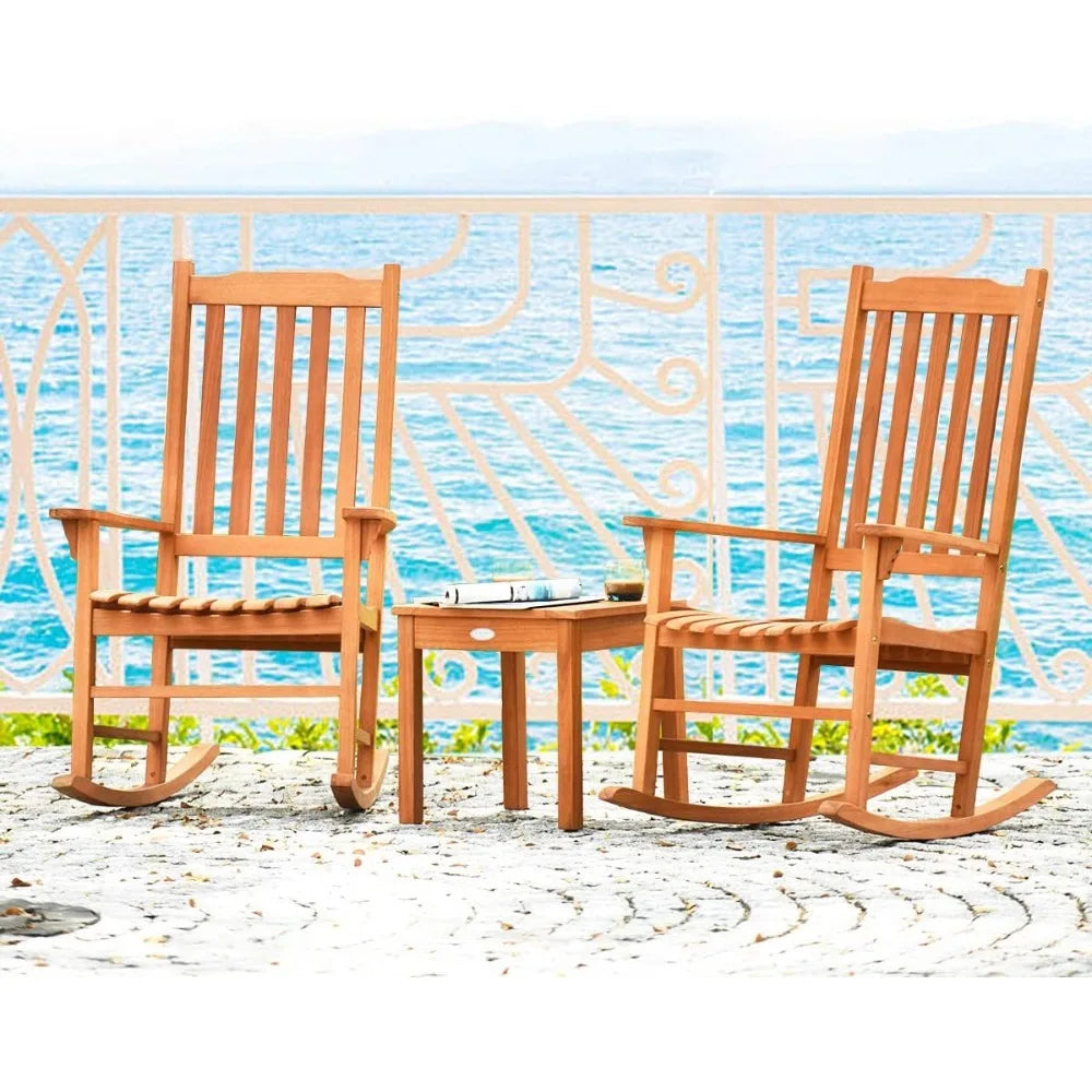 3 Piece Patio Rocking Chair Set Eucalyptus Wood With 2 Rockers Coffee Table