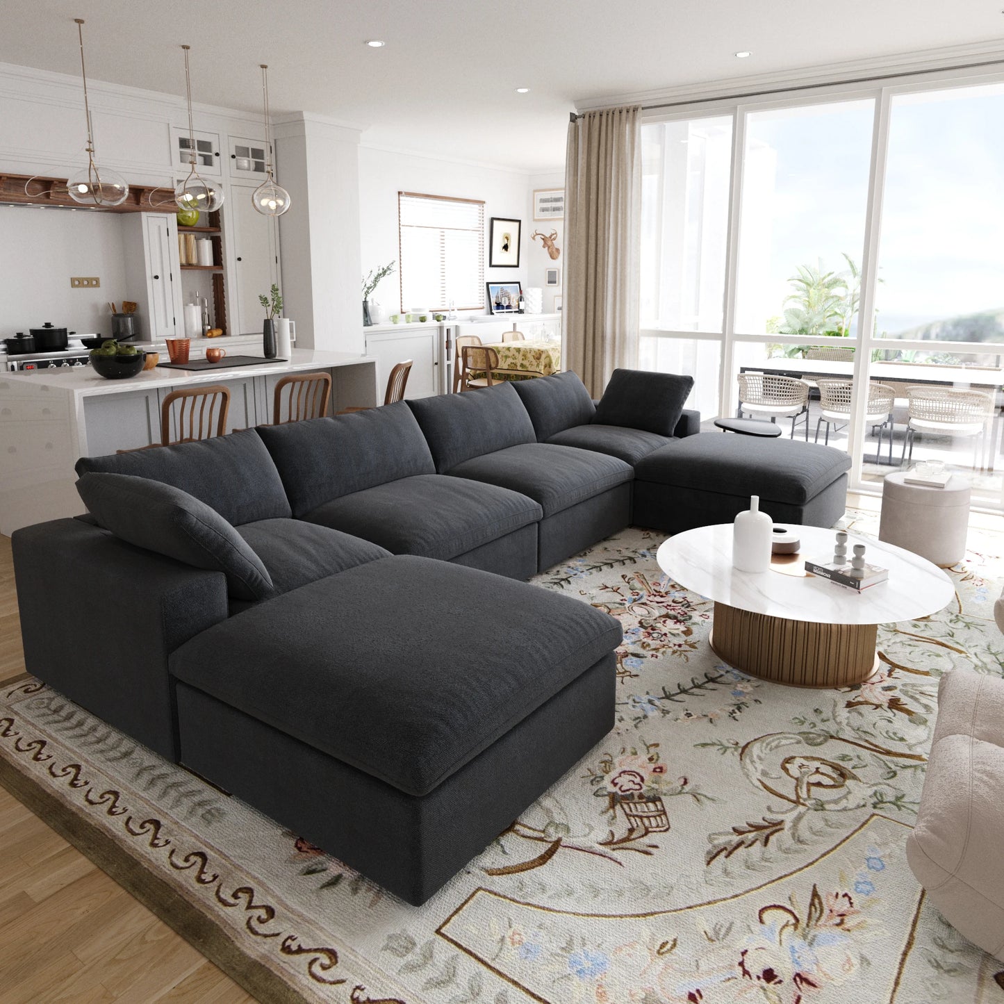 Modular Convertible Cloud Couch 6 Seats U Shaped Sectional Sofa With Ottomans