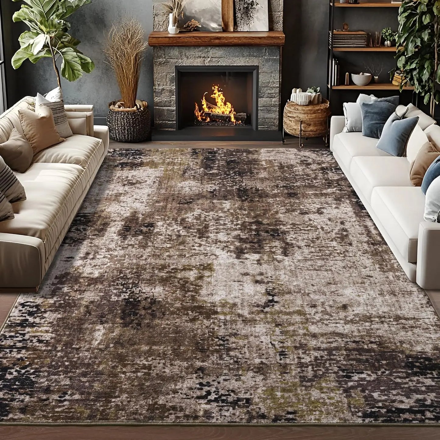 Living Room Area Rugs Soft Large Modern Abstract Boho Vintage Machine Washable Non Slip Carpet Low Pile Rug