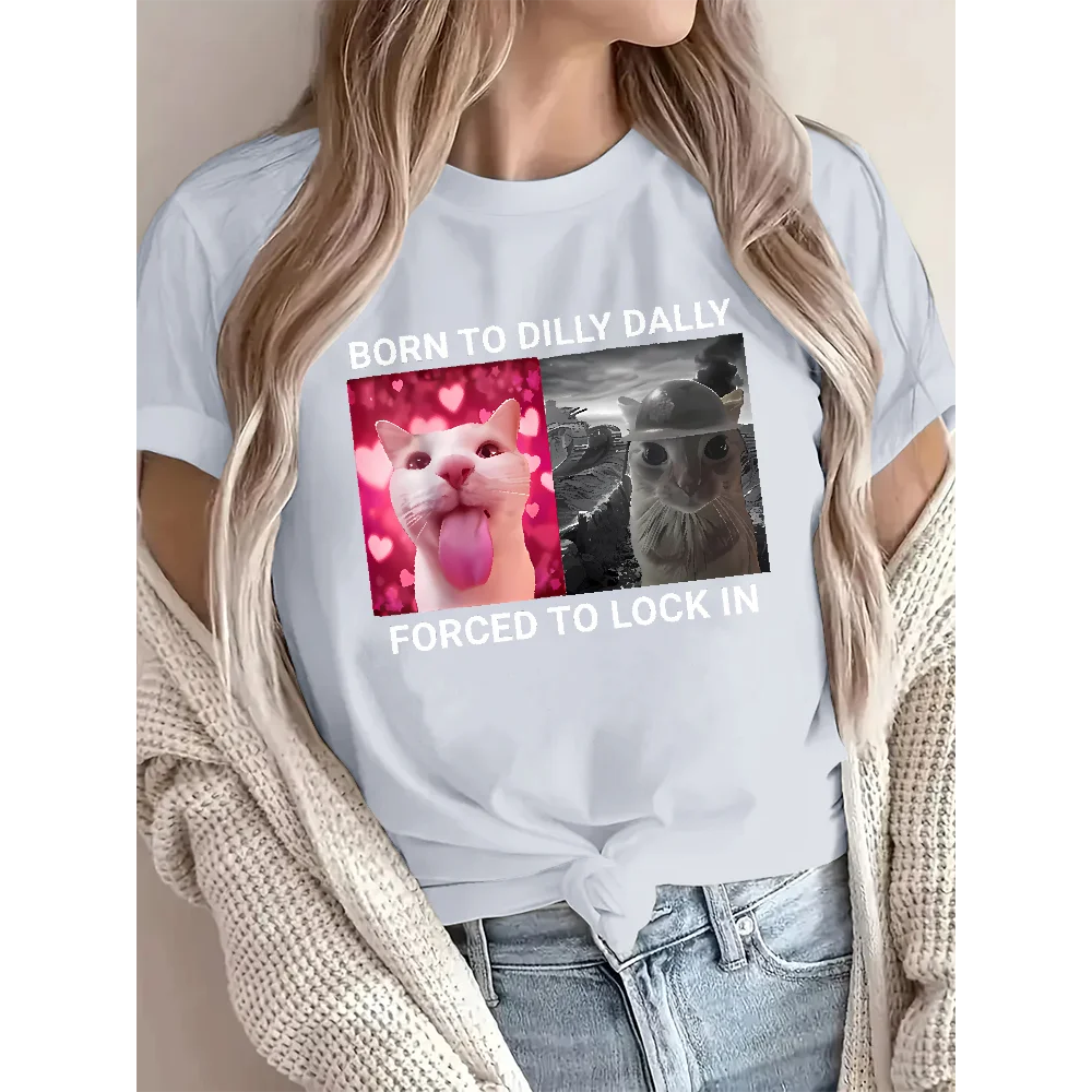 Funny Cat Graphic Tee For Women Short Sleeve Meme Cotton Pullover T Shirt