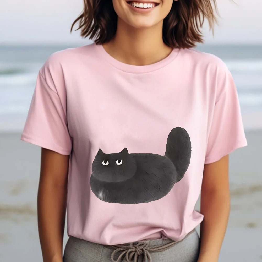 Womens Casual Black Cat Cartoon Print Short Sleeve TShirt Durable Machine Washable