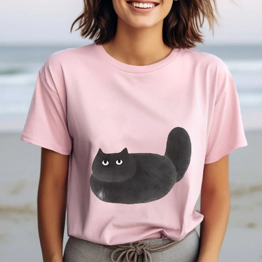 Womens Casual Black Cat Cartoon Print Short Sleeve TShirt Durable Machine Washable