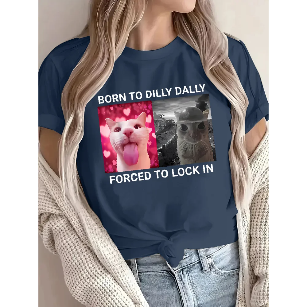 Funny Cat Graphic Tee For Women Short Sleeve Meme Cotton Pullover T Shirt