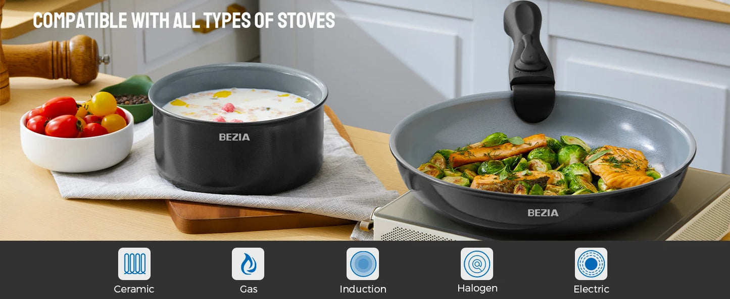 Induction Cookware Set with Healthy Ceramic Coating Nonstick 10 Pieces Camping Pots and Pans with Detachable Handles