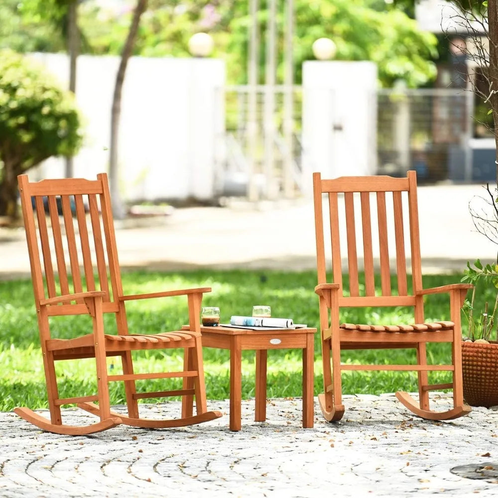 3 Piece Patio Rocking Chair Set Eucalyptus Wood With 2 Rockers Coffee Table