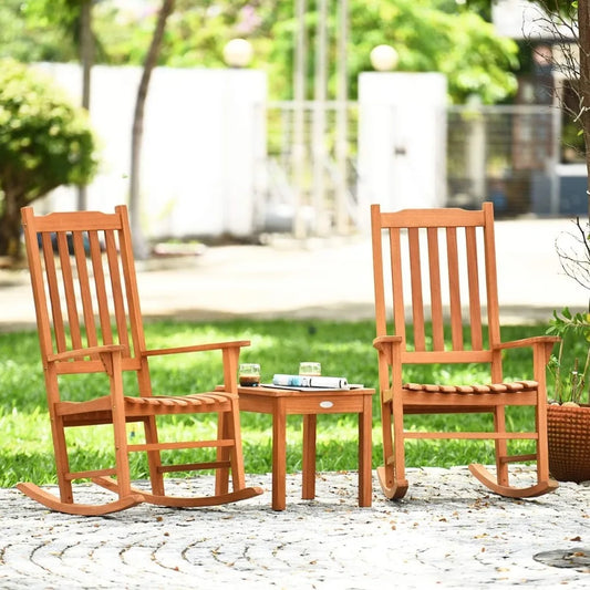 3 Piece Patio Rocking Chair Set Eucalyptus Wood With 2 Rockers Coffee Table