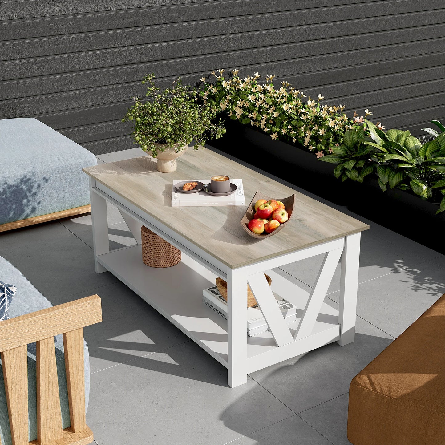 Galaxhero Farmhouse Coffee Table Storage Shelf V Shaped
