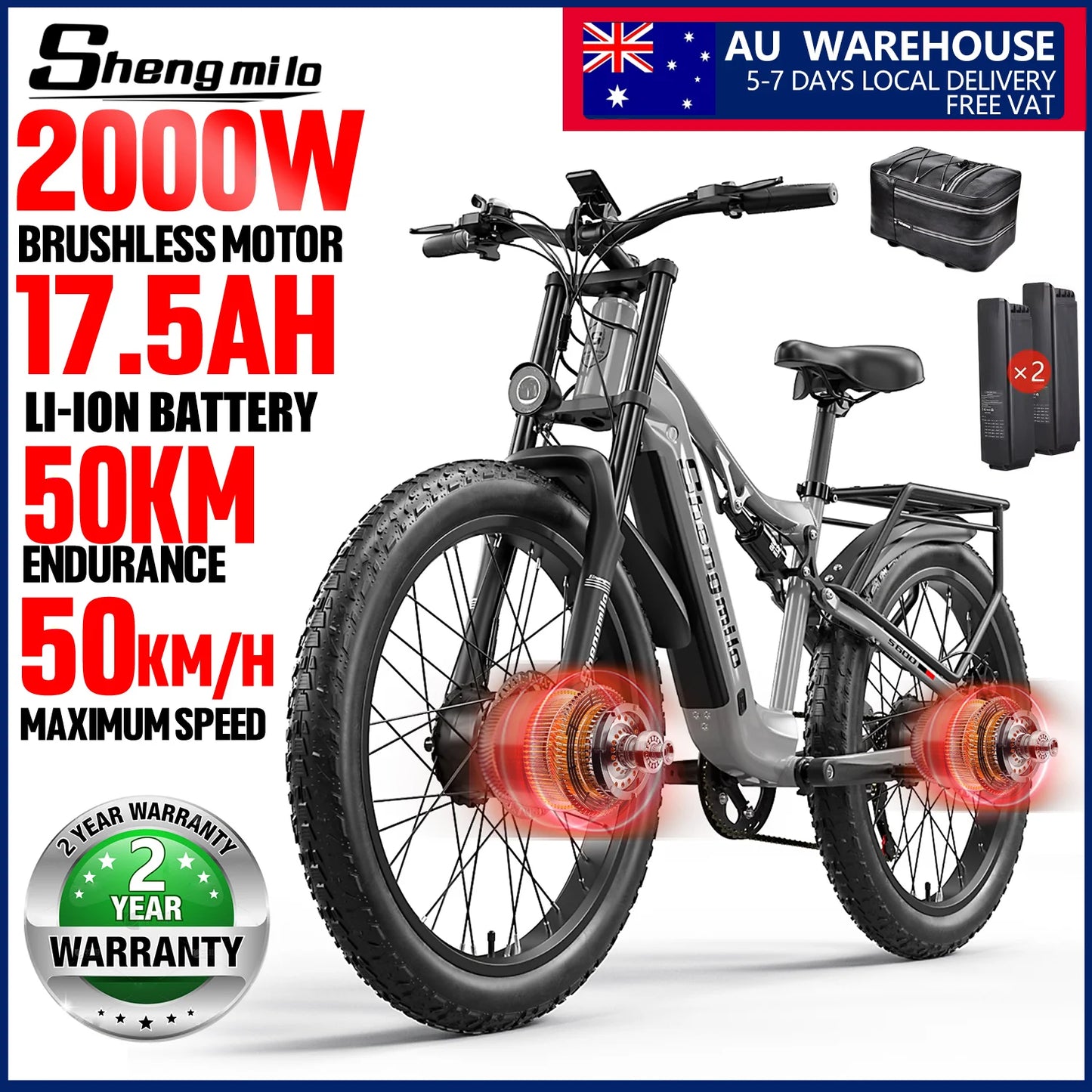 Shengmilo S600 26 Inch Electric Mountain Bike 2000W Dual Motor Fat Tire 17.5Ah