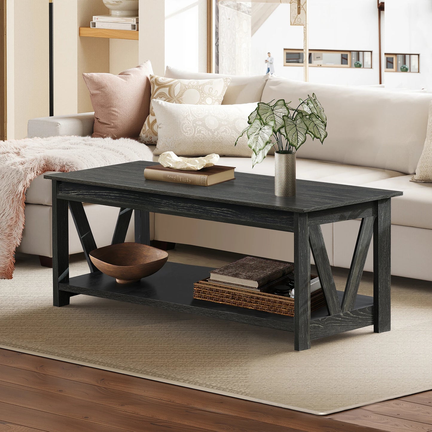 Galaxhero Farmhouse Coffee Table Storage Shelf V Shaped