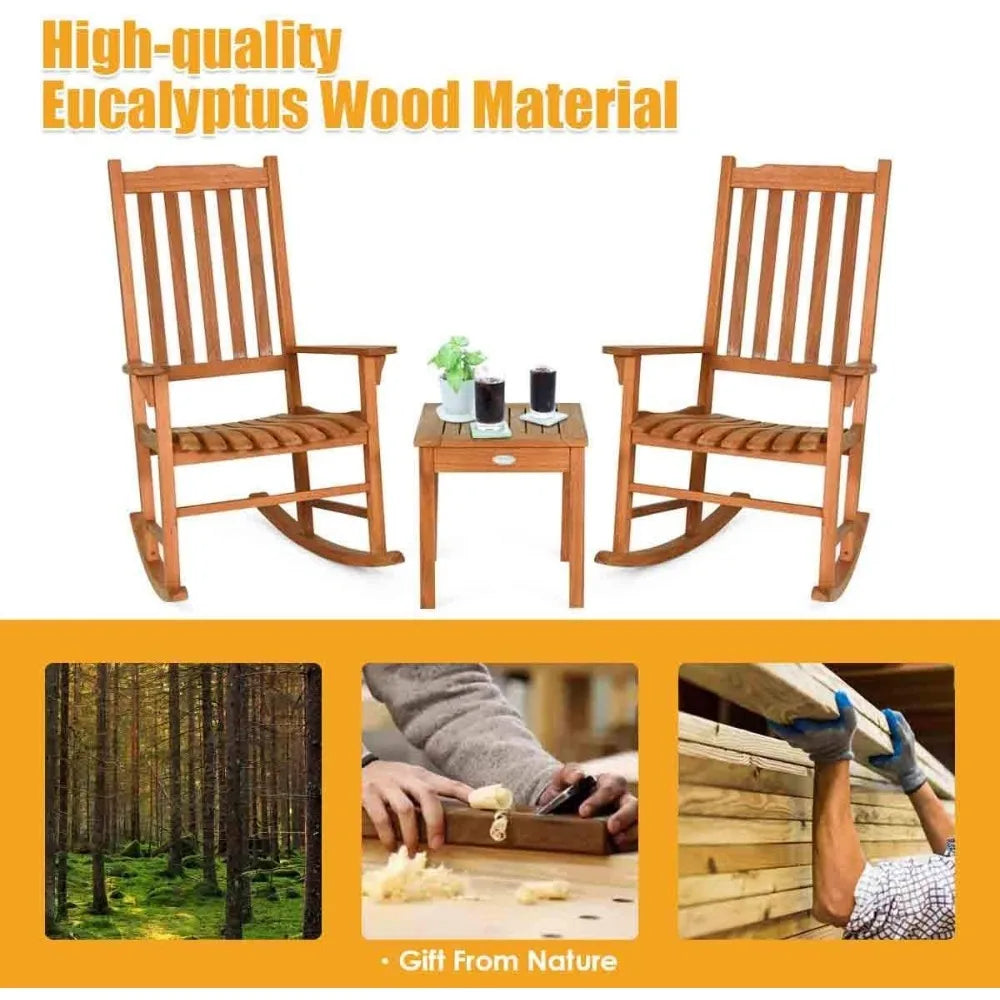 3 Piece Patio Rocking Chair Set Eucalyptus Wood With 2 Rockers Coffee Table