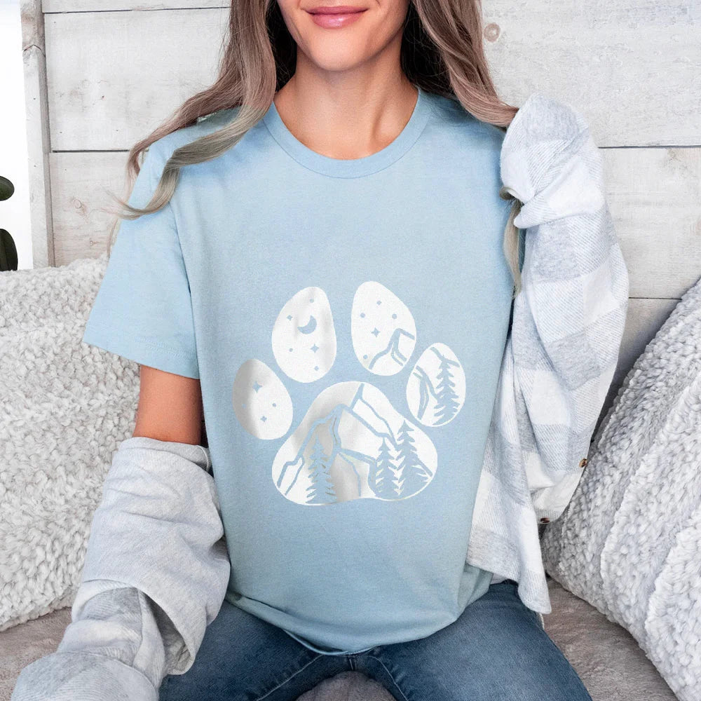 90s White Short Sleeve Y2K Harajuku Graphic Tee Women Dogs Paw Print Mom