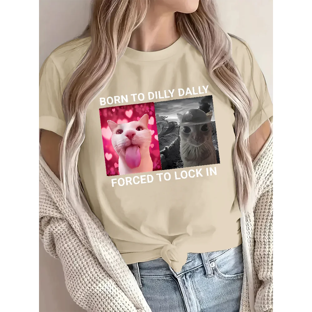 Funny Cat Graphic Tee For Women Short Sleeve Meme Cotton Pullover T Shirt