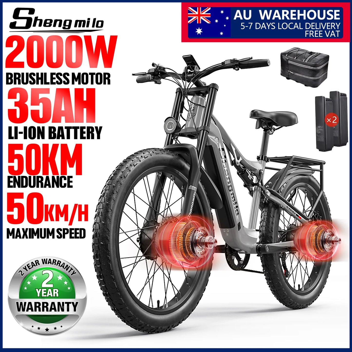 Shengmilo S600 26 Inch Electric Mountain Bike 2000W Dual Motor Fat Tire 17.5Ah