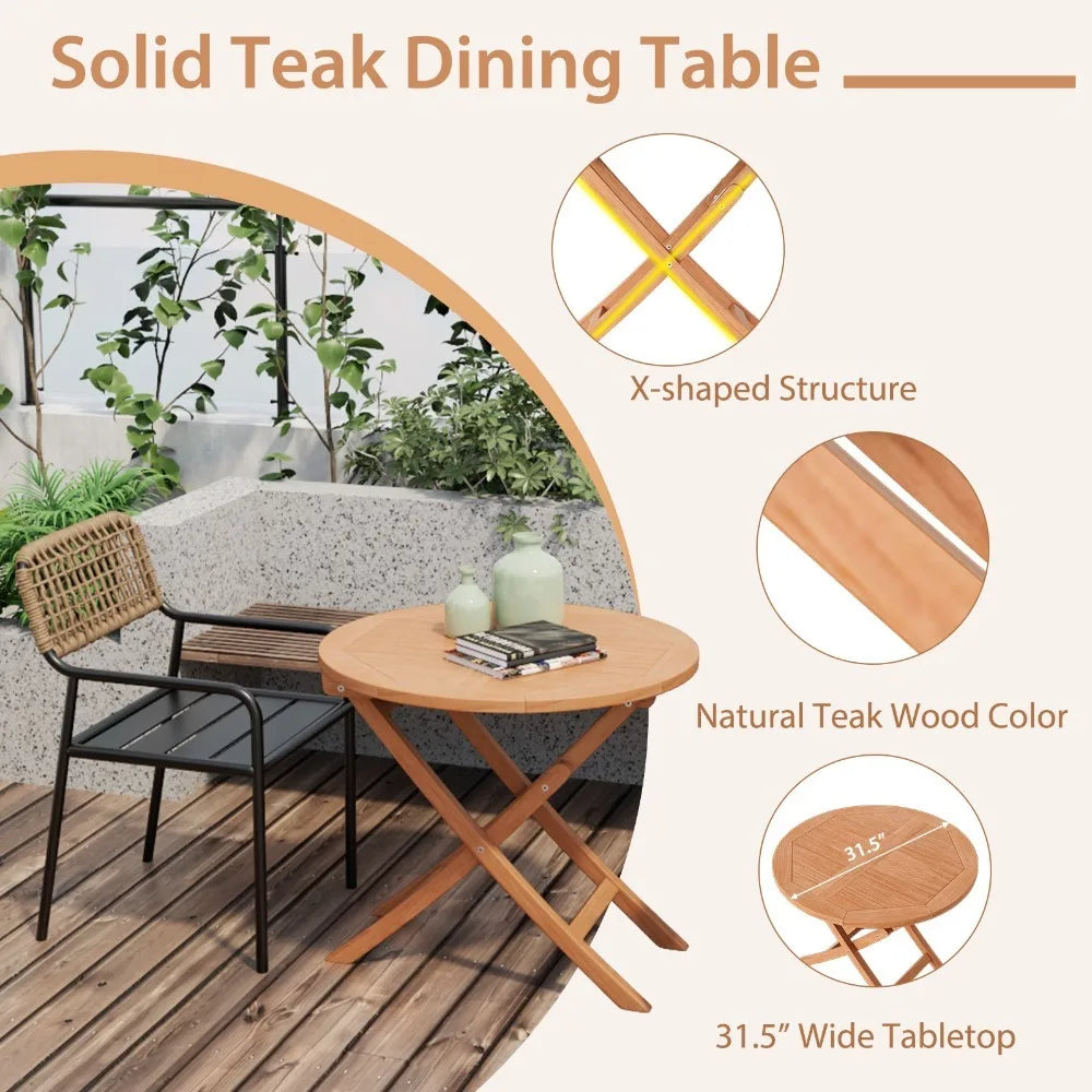 Teak Wood Outdoor Bistro Dining Set Three Piece With Folding Chairs And Table