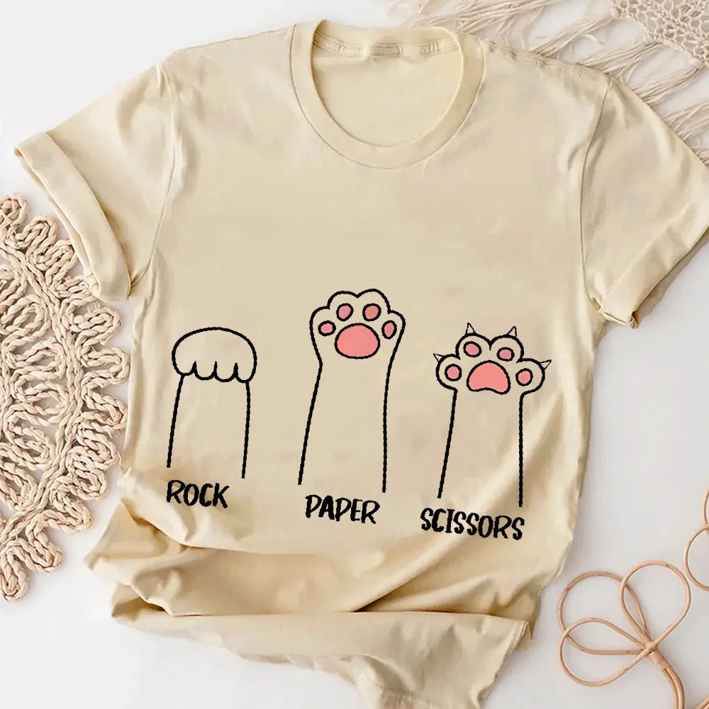 Rock Paper Scissors Cat Print T Shirt Women Oversize Cotton Summer Crewneck