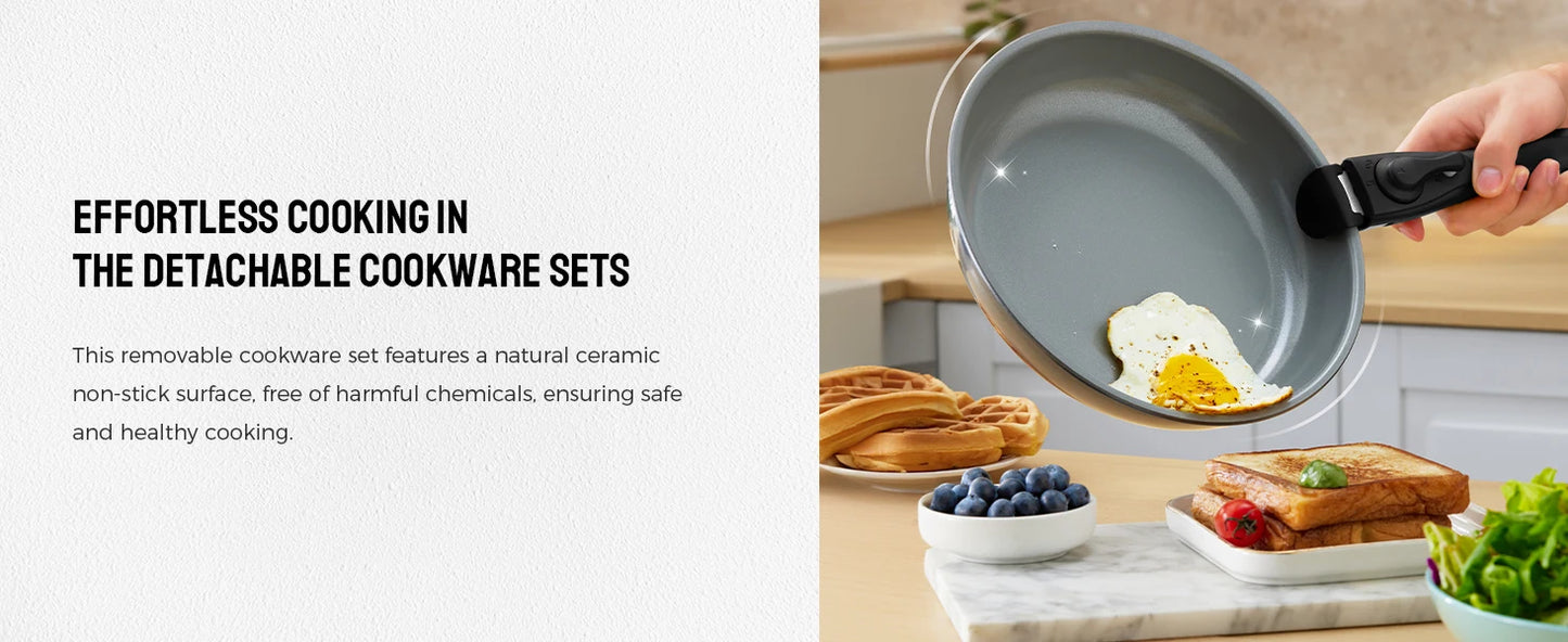 Induction Cookware Set with Healthy Ceramic Coating Nonstick 10 Pieces Camping Pots and Pans with Detachable Handles
