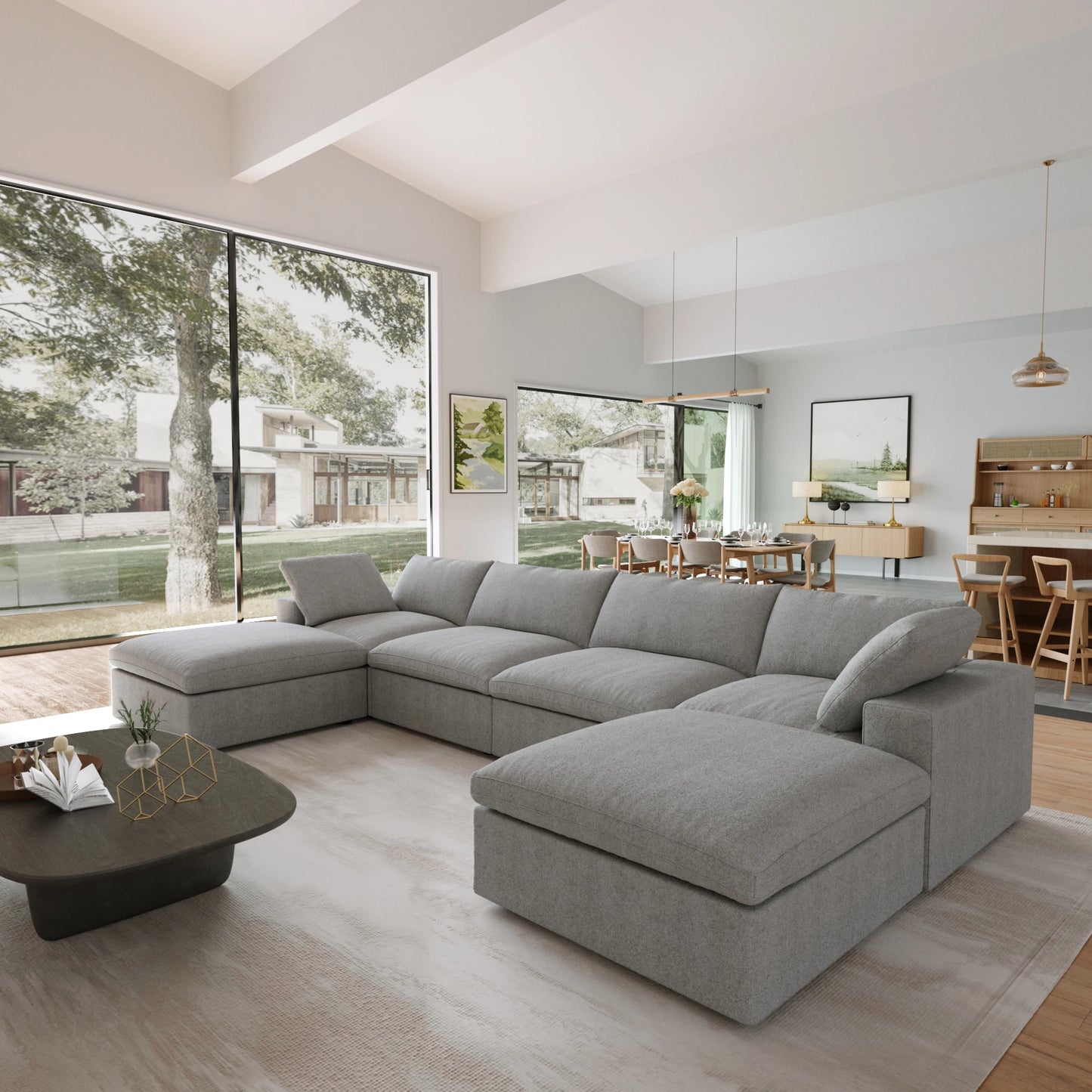 Modular Convertible Cloud Couch 6 Seats U Shaped Sectional Sofa With Ottomans