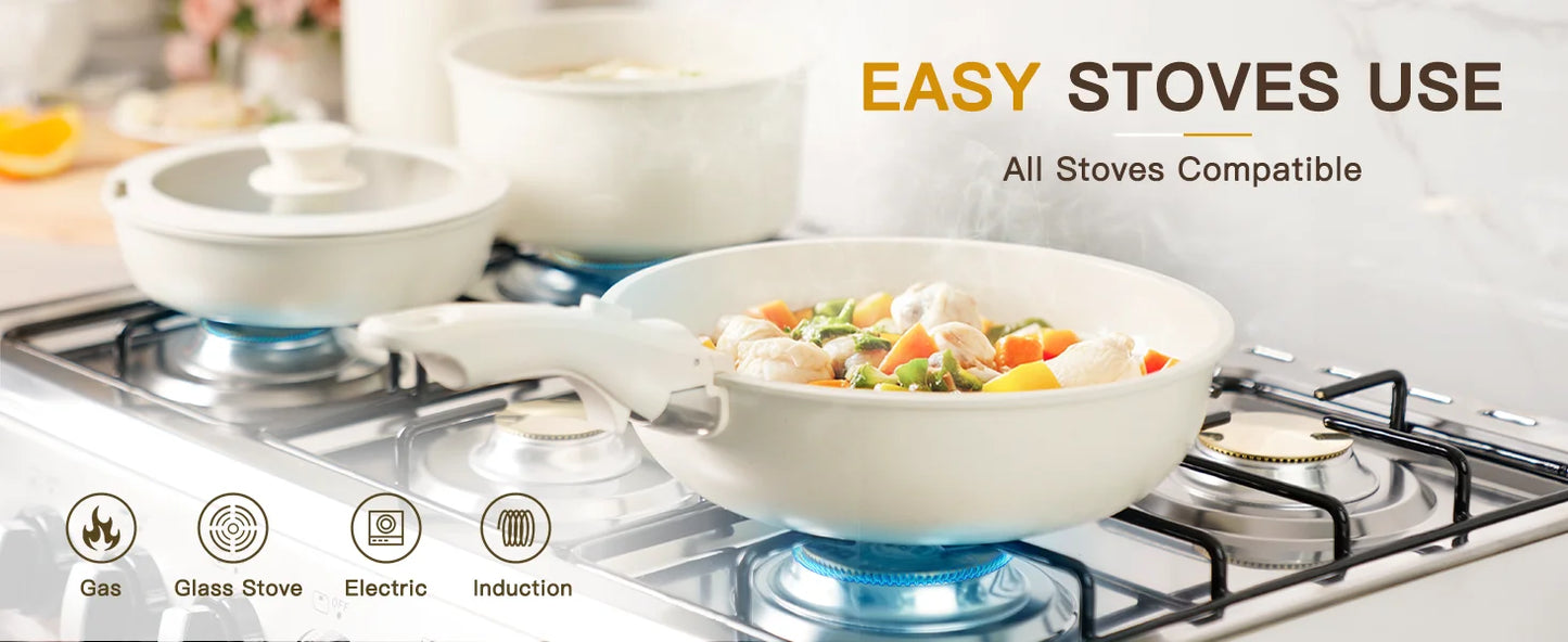 21 Piece Non Stick Pots and Pans Set Astercook Ceramic Cookware Set with Sensor Handles Milky White