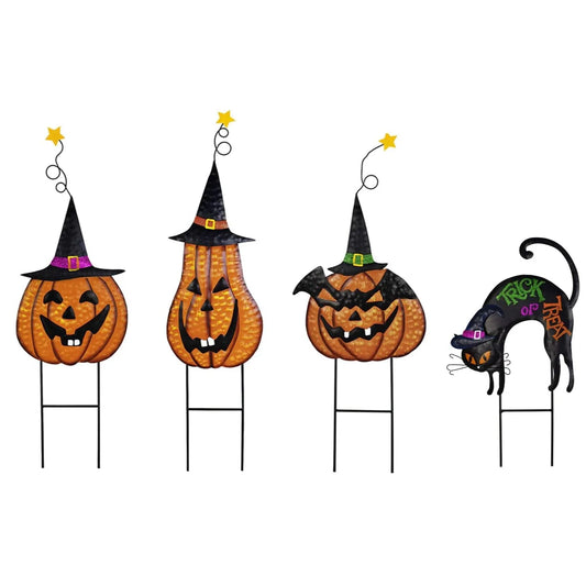 4Pc Halloween Stakes Jack O Lantern Witch Hat Cat Yard Sign
