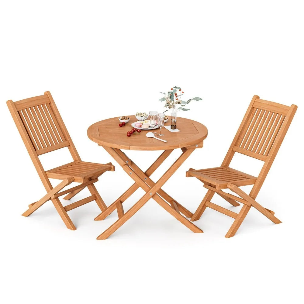 Teak Wood Outdoor Bistro Dining Set Three Piece With Folding Chairs And Table