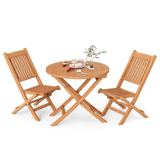 Teak Wood Outdoor Bistro Dining Set Three Piece With Folding Chairs And Table