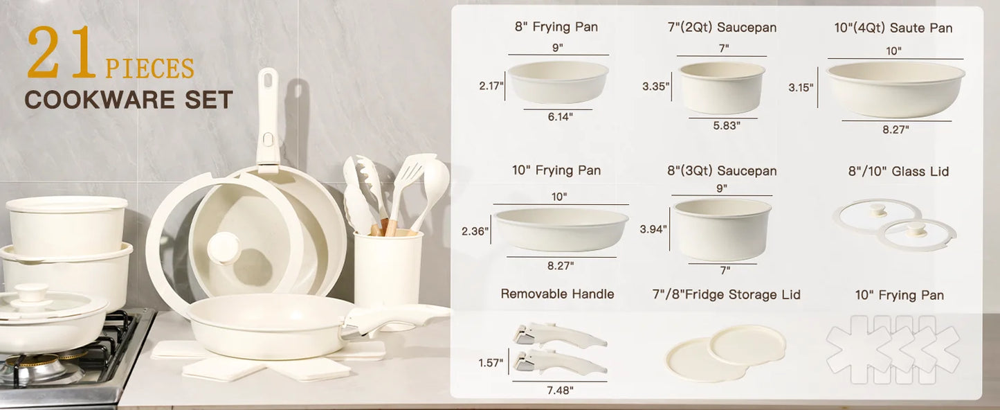 21 Piece Non Stick Pots and Pans Set Astercook Ceramic Cookware Set with Sensor Handles Milky White
