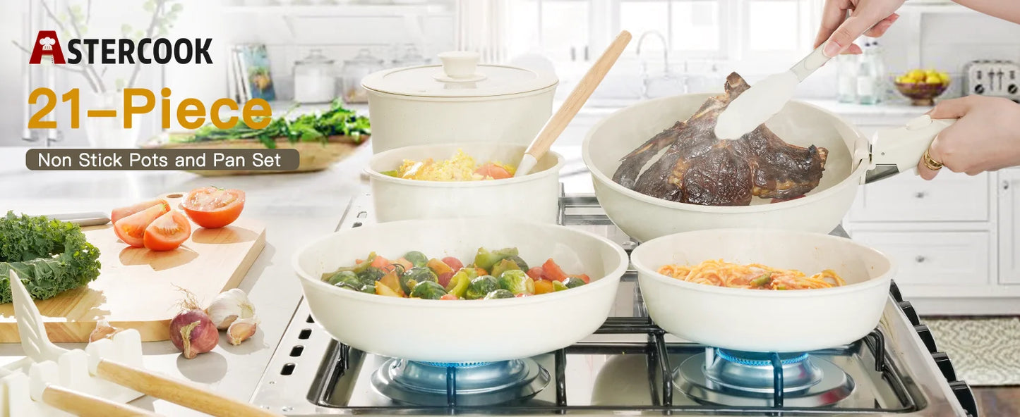 21 Piece Non Stick Pots and Pans Set Astercook Ceramic Cookware Set with Sensor Handles Milky White