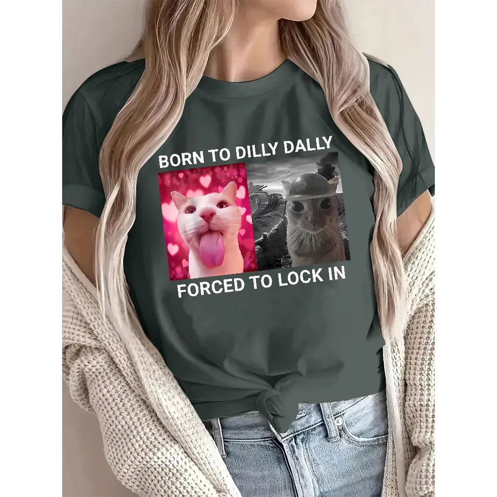 Funny Cat Graphic Tee For Women Short Sleeve Meme Cotton Pullover T Shirt